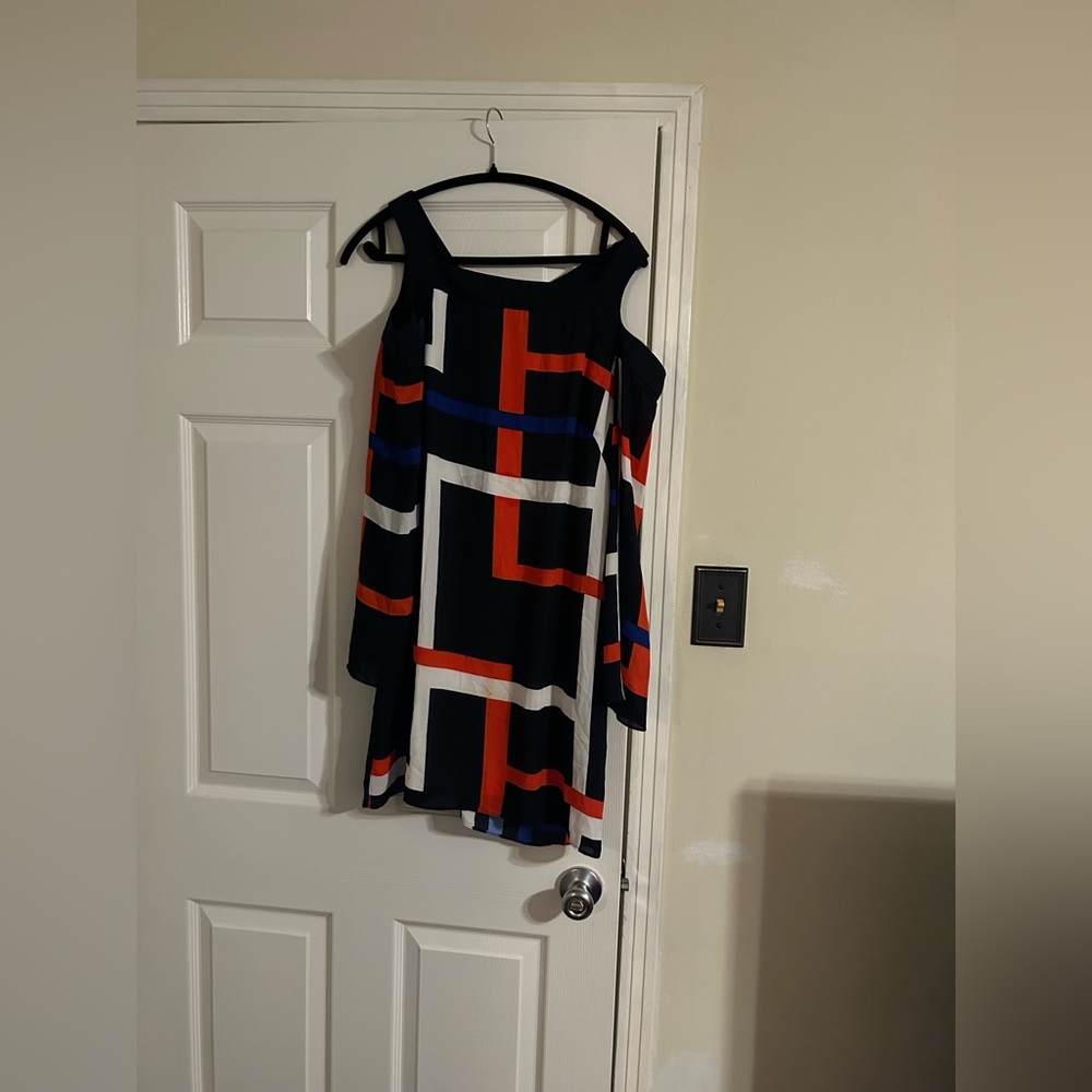 Versona cut out Shoulder Dress with Red, Blue, and White Geometric Design